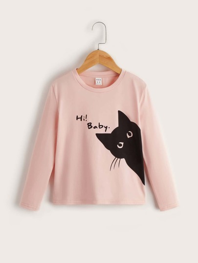 SHEIN Tween Girls Casual Slogan & Cat Print T-Shirt For Autumn