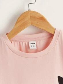 SHEIN 秋季青少年女孩休闲标语和猫咪印花 T 恤