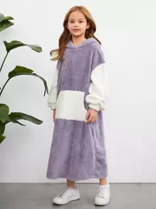 SHEIN 女孩雙色落肩袖絨毛連帽連衣裙 - 淺灰紫 - 查看 1