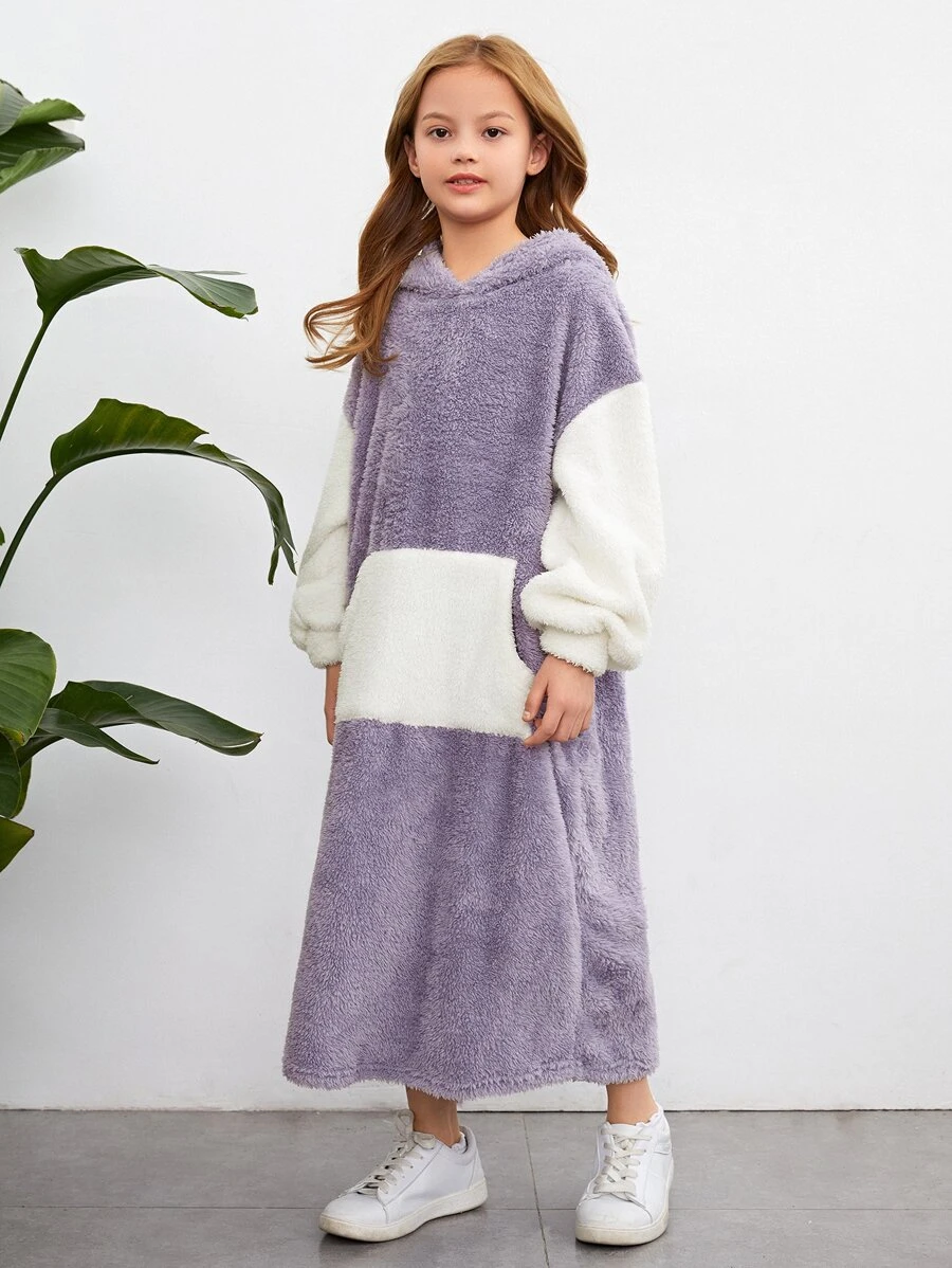 SHEIN 女孩雙色落肩袖絨毛連帽連衣裙 - 淺灰紫 - 查看 1