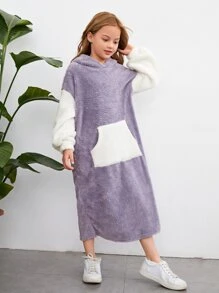 SHEIN 女孩雙色落肩袖絨毛連帽連衣裙 - 淺灰紫 - 查看 3