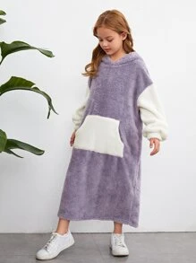 SHEIN 女孩雙色落肩袖絨毛連帽連衣裙 - 淺灰紫 - 查看 4