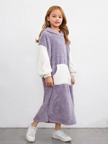 SHEIN 女孩雙色落肩袖絨毛連帽連衣裙 - 淺灰紫 - 查看 5