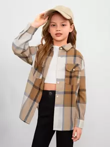 SHEIN Tween Girl Plaid Flap Pocket Drop Shoulder Blouse
