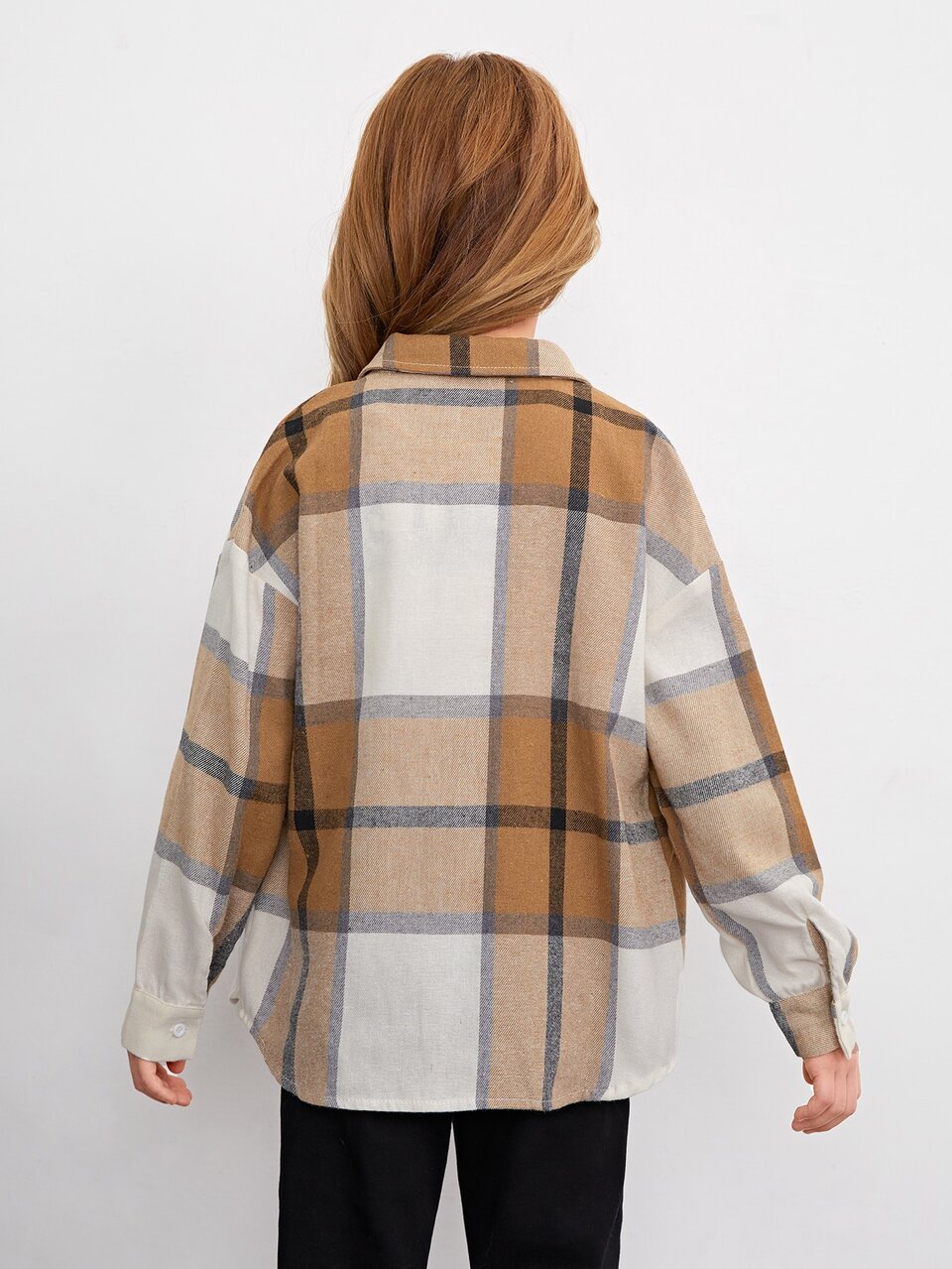 Tween Girl Plaid Flap Pocket Drop Shoulder Blouse