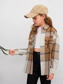 SHEIN Tween Girl Plaid Flap Pocket Drop Shoulder Blouse