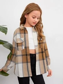 SHEIN Tween Girl Plaid Flap Pocket Drop Shoulder Blouse