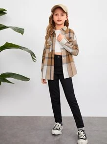 SHEIN Tween Girl Plaid Flap Pocket Drop Shoulder Blouse