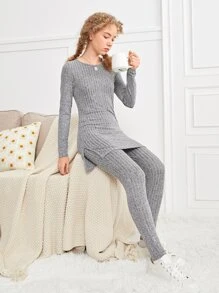 SHEIN Leap Crew Teen Girls Ribbed Knit Split Hem Top & Leggings - Grey - View 1