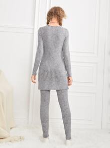 SHEIN Leap Crew Teen Girls Ribbed Knit Split Hem Top & Leggings - Grey - View 2