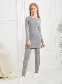 SHEIN Leap Crew Teen Girls Ribbed Knit Split Hem Top & Leggings - Grey - View 3