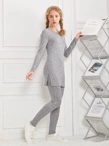 SHEIN Leap Crew Teen Girls Ribbed Knit Split Hem Top & Leggings - Grey - View 4