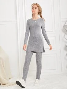 SHEIN Leap Crew Teen Girls Ribbed Knit Split Hem Top & Leggings - Grey - View 5
