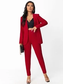 SHEIN SXY Solid Open Front Blazer & Trousers Set Without Camisole - Red - View 1