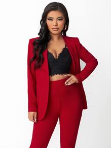 SHEIN SXY Solid Open Front Blazer & Trousers Set Without Camisole - Red - View 3