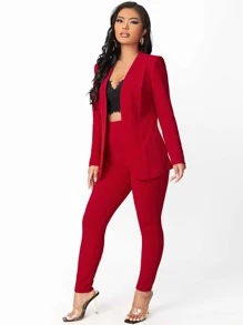 SHEIN SXY Solid Open Front Blazer & Trousers Set Without Camisole - Red - View 5