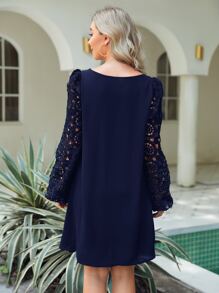 SHEIN Keyhole Neck Contrast Guipure Lace Lantern Sleeve Dress - Navy Blue - View 2