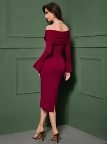 Modelyn Burgundy Red Off Shoulder Flounce Sleeve Split Back Dress - Burgundy - View 3