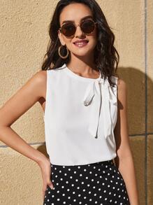 SHEIN Clasi Solid Tie Neck Top - White - View 1