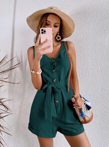 Áo liền quần nữ Thắt lưng Túi Nút phía trước màu trơn Giải trí - Màu xanh lá cây đậm - Xem 1