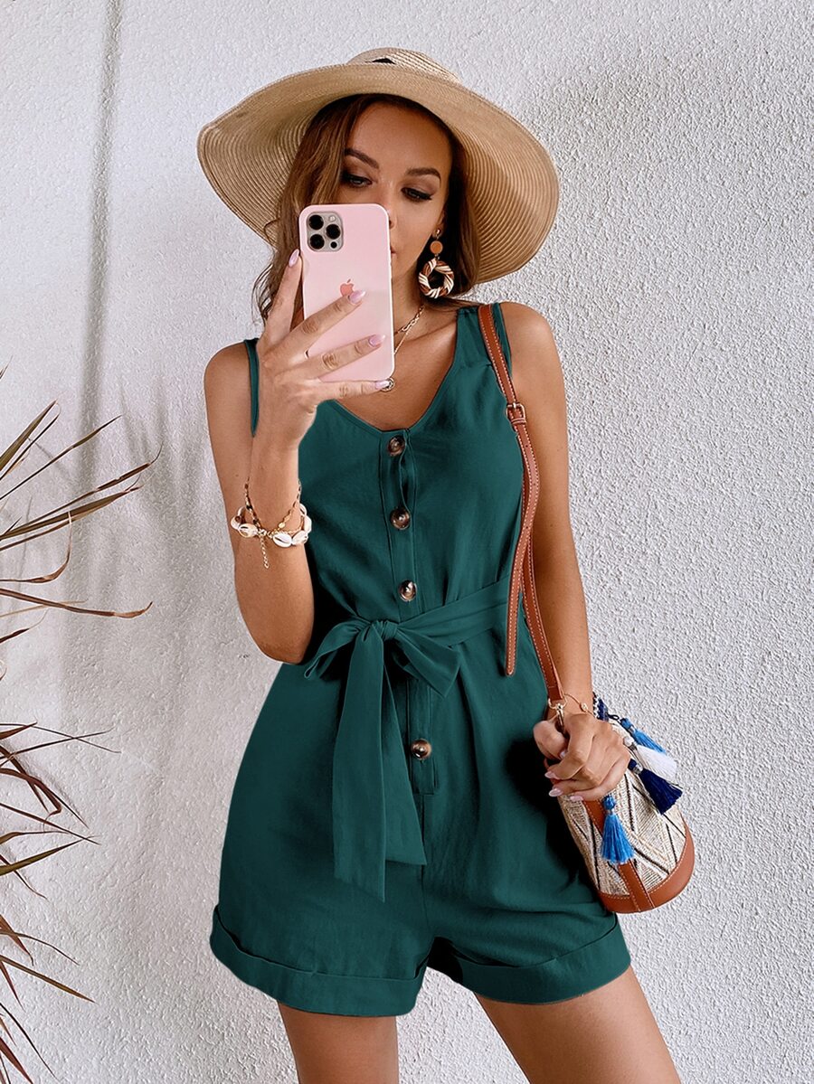 Áo liền quần nữ Thắt lưng Túi Nút phía trước màu trơn Giải trí - Màu xanh lá cây đậm - Xem 1