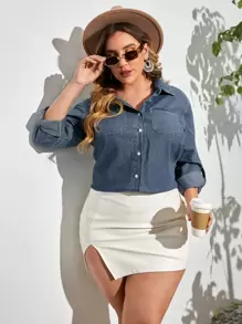 Top en mezclilla con parche de bolsillo con puntada en contraste - Azul lavado oscuro - Ver 1