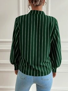 Vertical Stripe Lantern Sleeve Blouse - Dark Green - View 4