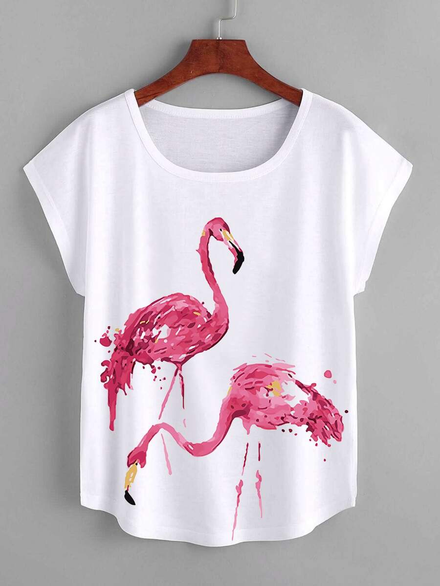 SHEIN Unity Flamingo Print Batwing Sleeve Curved Hem Tee - White - View 1