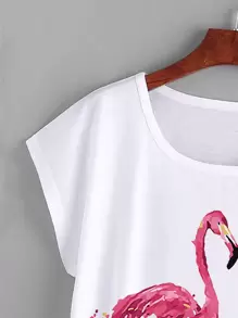 SHEIN Unity Flamingo Print Batwing Sleeve Curved Hem Tee - White - View 3