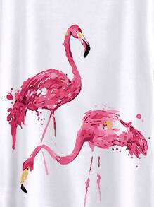 SHEIN Unity Flamingo Print Batwing Sleeve Curved Hem Tee - White - View 4