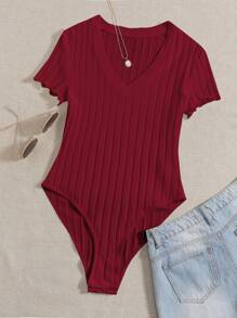 SHEIN EZwear Solid Ribbed Knit V Neck Bodysuit For Summer - Burgundy - View 6