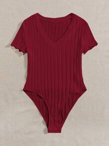 SHEIN EZwear Solid Ribbed Knit V Neck Bodysuit For Summer - Burgundy - View 3