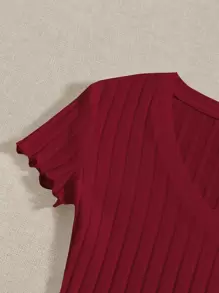 SHEIN EZwear Solid Ribbed Knit V Neck Bodysuit For Summer - Burgundy - View 5