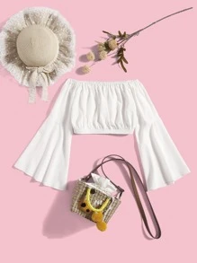 SHEIN Blusa Corta Tween Con Hombro Descubierto, Mangas Con Volantes Recogidos - Blanco - Ver 1