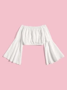 SHEIN Blusa Corta Tween Con Hombro Descubierto, Mangas Con Volantes Recogidos - Blanco - Ver 2