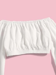 SHEIN Blusa Corta Tween Con Hombro Descubierto, Mangas Con Volantes Recogidos - Blanco - Ver 3