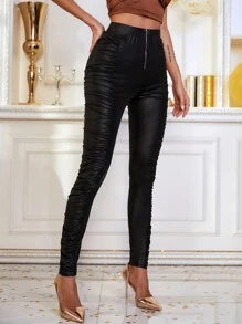 高腰拉鏈門襟褶邊PU皮革緊身褲 - 黑色 - 查看 1