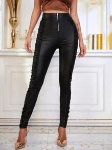 高腰拉鏈門襟褶邊PU皮革緊身褲 - 黑色 - 查看 3