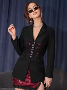 SHEIN Unity Peak Collar Hook And Eye Front Blazer - Black - View 3