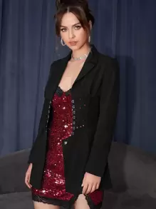 SHEIN Unity Peak Collar Hook And Eye Front Blazer - Black - View 4