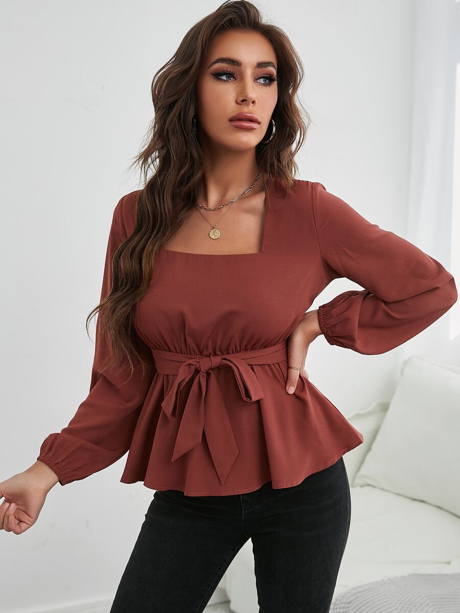 SHEIN Frenchy Square Neck Belted Blouse - Redwood - View 1