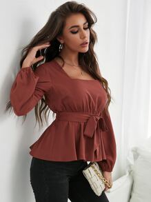 SHEIN Frenchy Square Neck Belted Blouse - Redwood - View 4