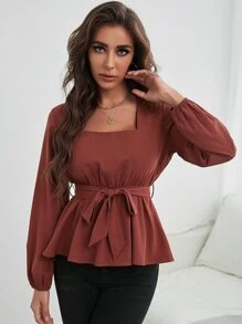 SHEIN Frenchy Square Neck Belted Blouse - Redwood - View 5