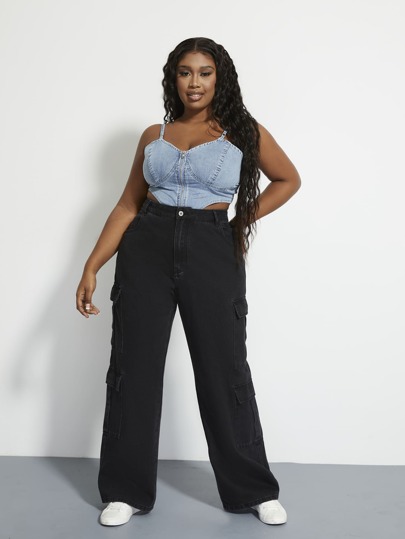 مقاس كبير بنطلون جينز كارجو خصر عالي جيب جانبي قلاب