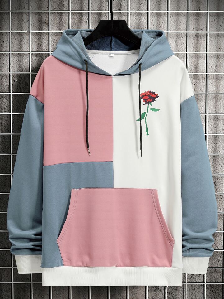 Is That The New Guys Floral Graphic Colorblock Kangaroo Pocket Drawstring  Hoodie ??| ROMWE USA