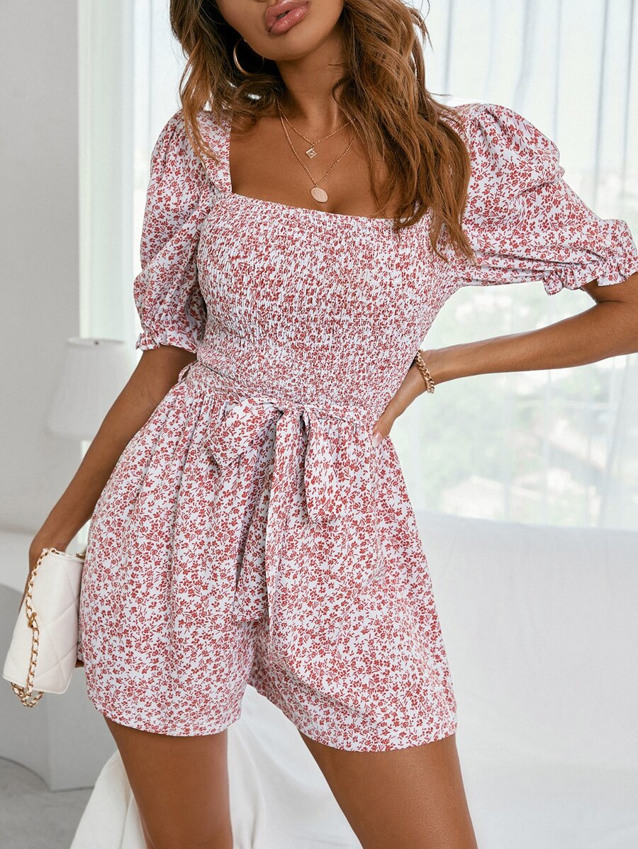 Ditsy Floral Shirred Belted Romper - Multicolor - View 1