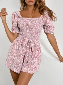 Ditsy Floral Shirred Belted Romper - Multicolor - View 7
