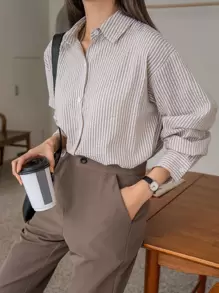 DAZY 竖条纹落肩衬衫、长袖上衣、秋装 - 彩色 - 查看 1