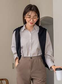 DAZY 竖条纹落肩衬衫、长袖上衣、秋装 - 彩色 - 查看 8