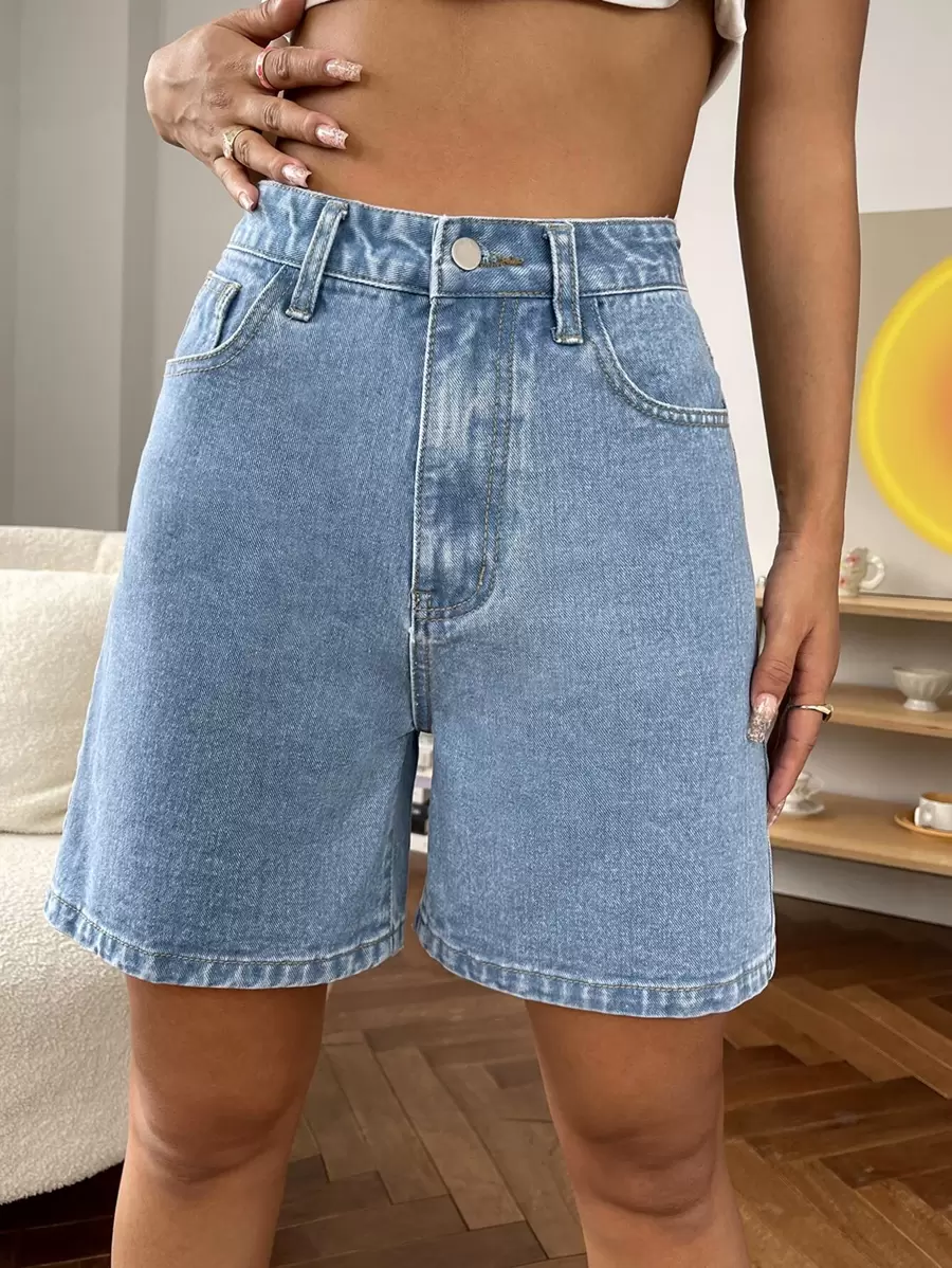 High Waist Wide Leg Denim Shorts - Light Wash - View 1